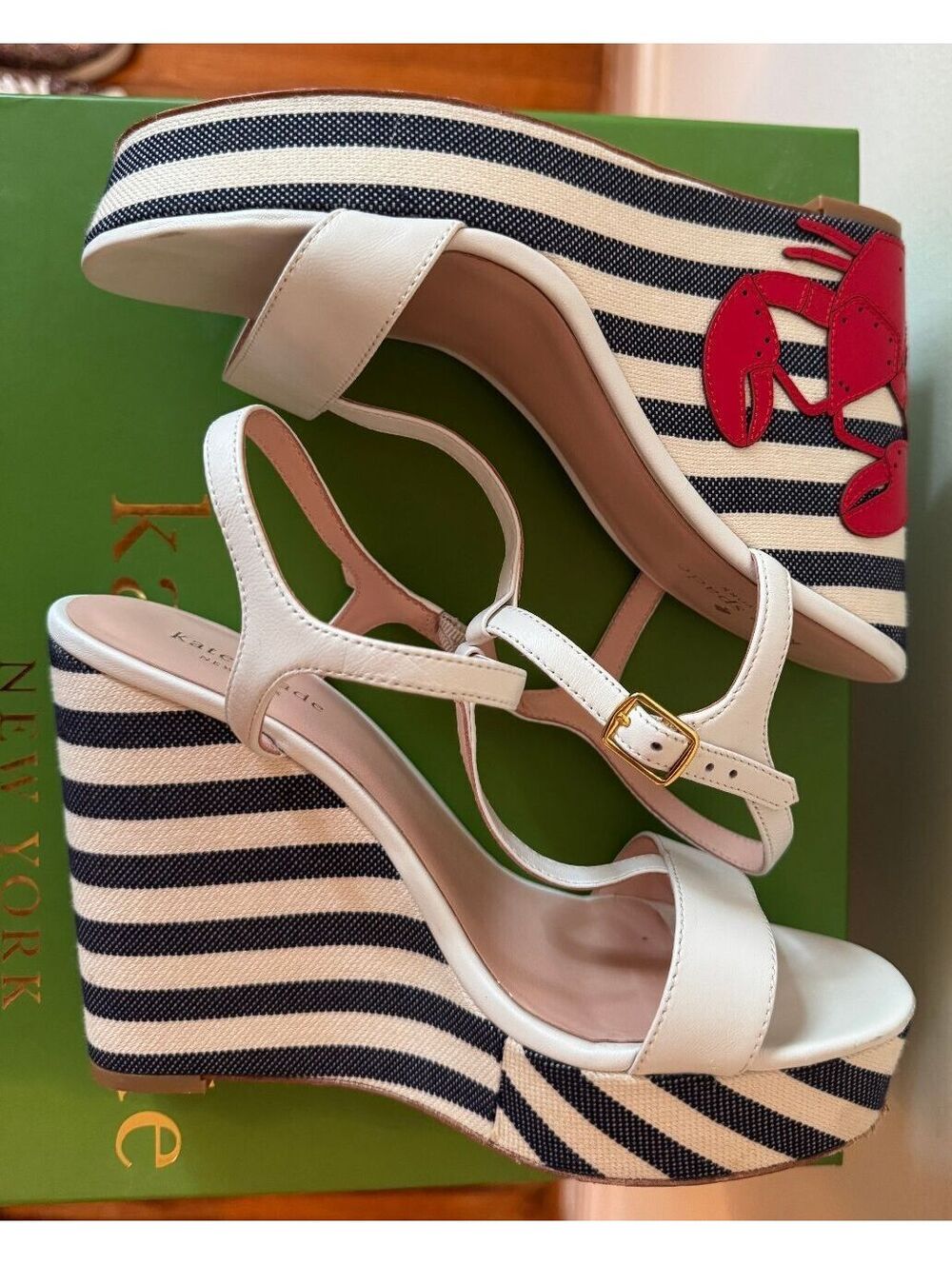 Kate Spade New York "Deacon" Lobster Nautical Stripe Wedge Sandals – Size 8